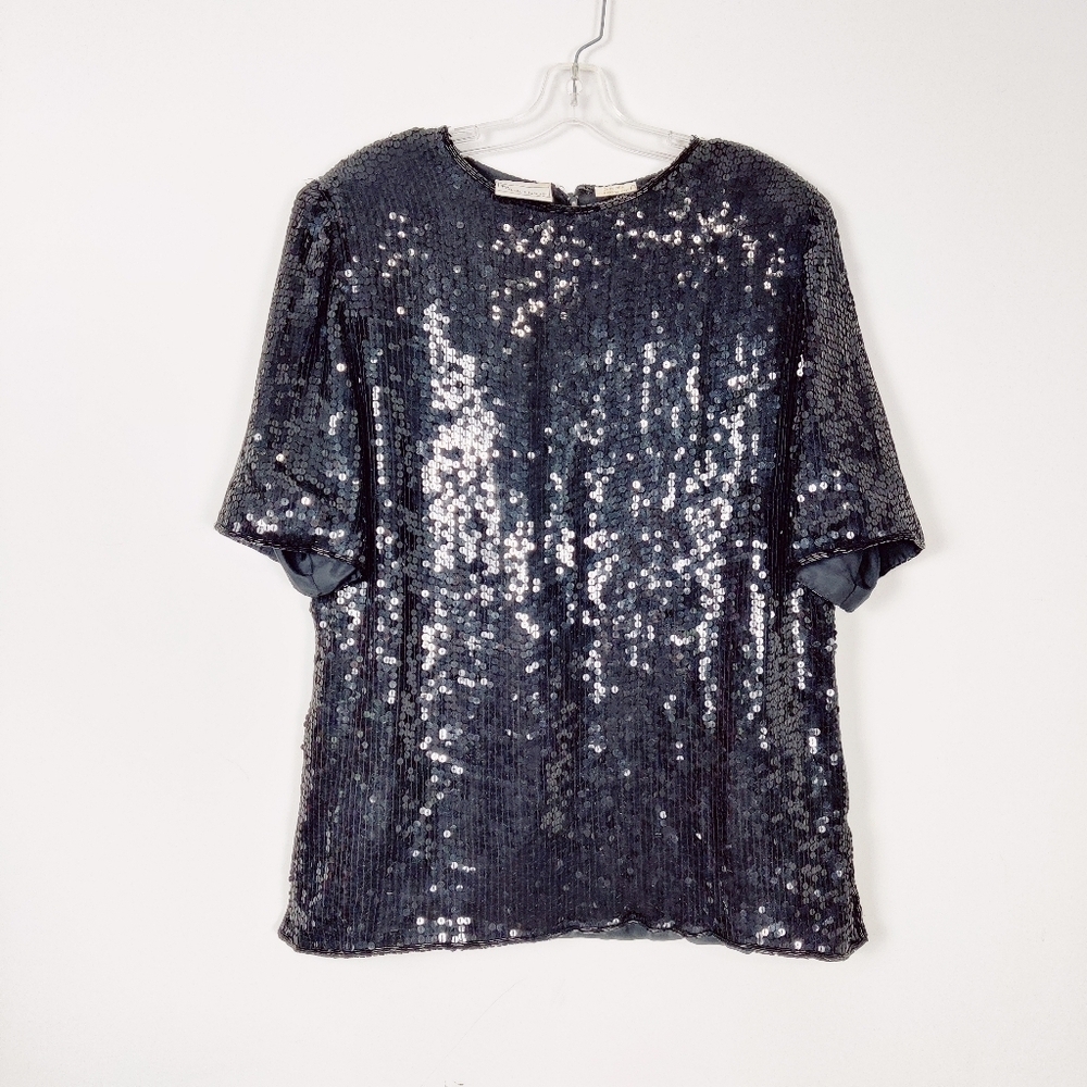 Vintage Frank Usher Women's 100% Silk Sequined Blouse in Black Size Large Party